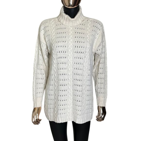 Worthington Vintage Silk Angora Blend Cable Knit Turtleneck Sweater Cream Large - Picture 1 of 8